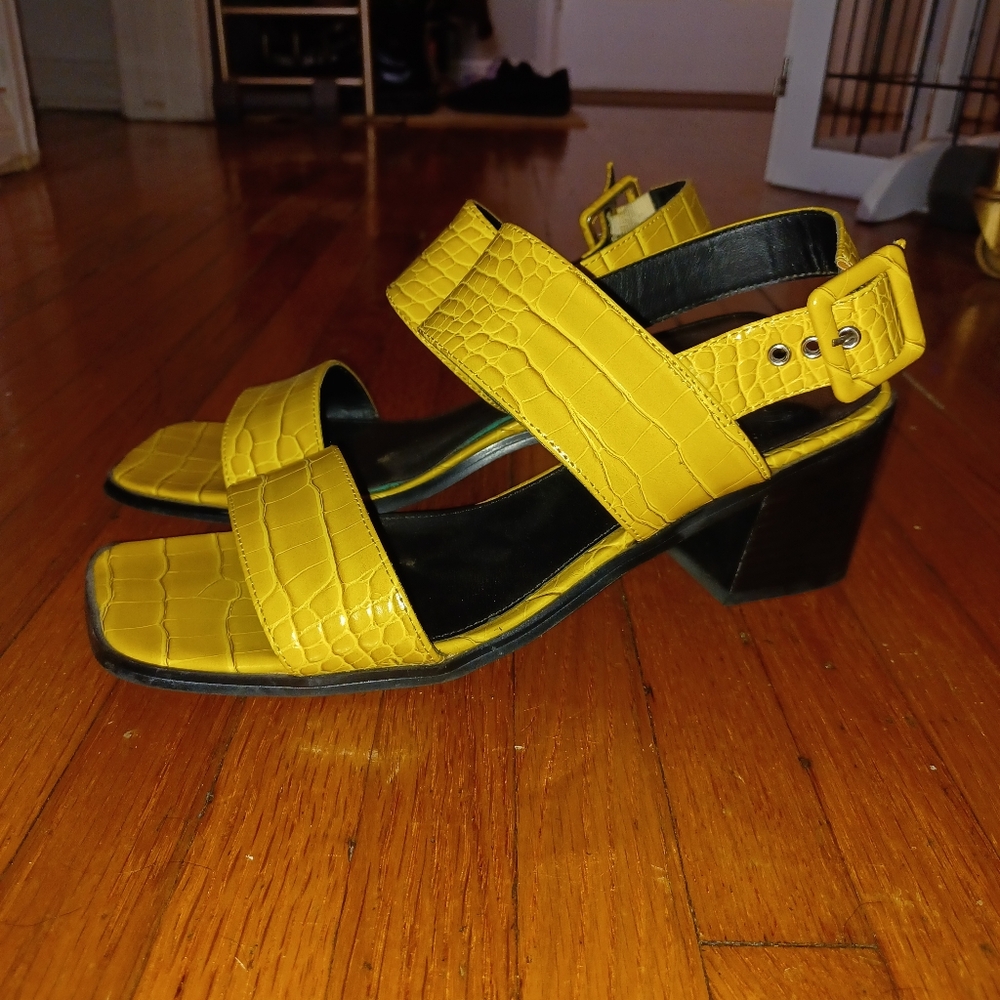 Yellow Croc-Embossed Block Heel Sandals